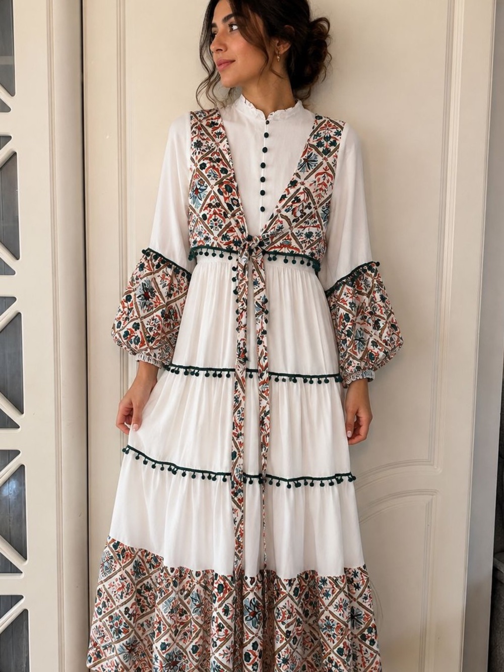 Embroidered Tie-Waist Maxi Dress - White with Multicolor Trim
